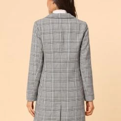 Allegra K Double Breasted Longline Plaid Blazer Jacket Women