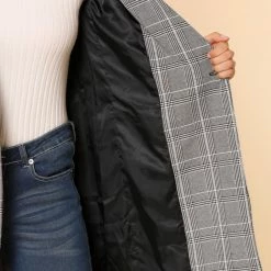 Allegra K Double Breasted Longline Plaid Blazer Jacket Women