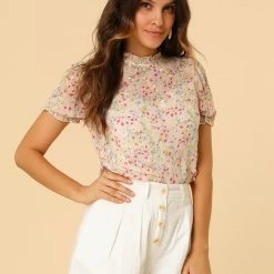 Allegra K Women's Ruffle Stand Collar Short Sleeve Ditsy Floral Blouse Top