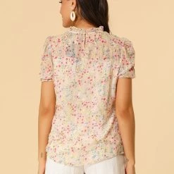 Allegra K Women's Ruffle Stand Collar Short Sleeve Ditsy Floral Blouse Top