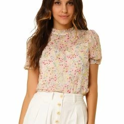 Allegra K Women's Ruffle Stand Collar Short Sleeve Ditsy Floral Blouse Top
