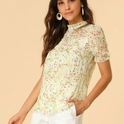 Allegra K Women's Ruffle Stand Collar Short Sleeve Ditsy Floral Blouse Top