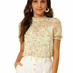 Allegra K Women's Ruffle Stand Collar Short Sleeve Ditsy Floral Blouse Top
