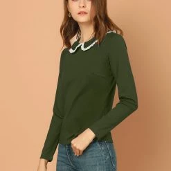 Allegra K Women's Vintage Peter Pan Collar Contrast Ruffle Knit Top Long Sleeve Blouse