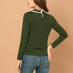 Allegra K Women's Vintage Peter Pan Collar Contrast Ruffle Knit Top Long Sleeve Blouse