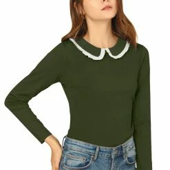 Allegra K Women's Vintage Peter Pan Collar Contrast Ruffle Knit Top Long Sleeve Blouse