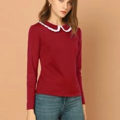 Allegra K Women's Vintage Peter Pan Collar Contrast Ruffle Knit Top Long Sleeve Blouse