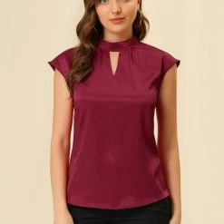 Allegra K Women's Cap Sleeve Shirts Choker Neck Office Elegant Top