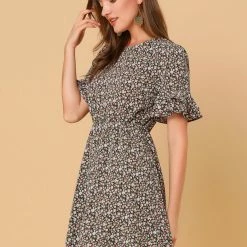 Allegra K Women's Ruffled Short Sleeve Elastic Waist A-Line Flowy Floral Mini Dress