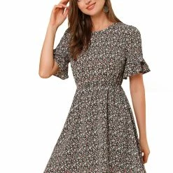 Allegra K Women's Ruffled Short Sleeve Elastic Waist A-Line Flowy Floral Mini Dress