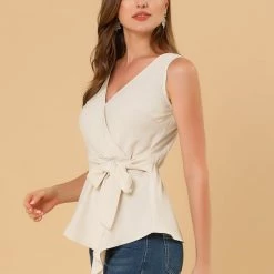 Allegra K Women's Summer Tops Sleeveless V Neckline Wrap Tie Waist Top 42 Allegra K Women's Summer Tops Sleeveless V Neckline Wrap Tie Waist Top