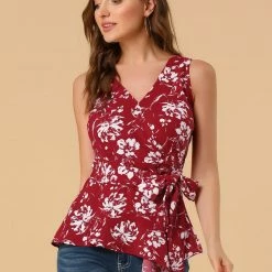 Allegra K Diagonal Stripes Tie Waist Wrap Top Women