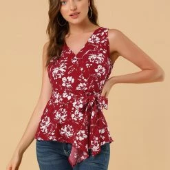 Allegra K Diagonal Stripes Tie Waist Wrap Top Women