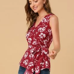 Allegra K Diagonal Stripes Tie Waist Wrap Top Women