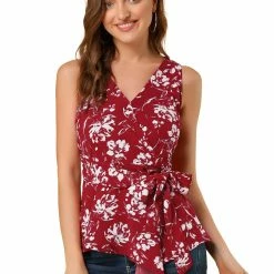 Allegra K Diagonal Stripes Tie Waist Wrap Top Women