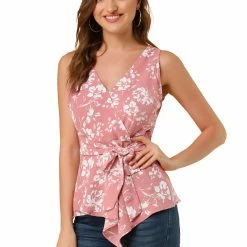 Allegra K Diagonal Stripes Tie Waist Wrap Top Women