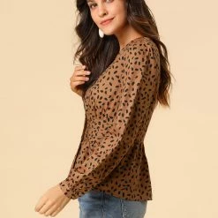 Allegra K Women's Elegant Dots V Neck Long Sleeve Top Button Peplum Blouse