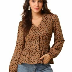 Allegra K Women's Elegant Dots V Neck Long Sleeve Top Button Peplum Blouse