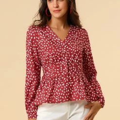Allegra K Women's Elegant Dots V Neck Long Sleeve Top Button Peplum Blouse