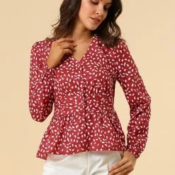 Allegra K Women's Elegant Dots V Neck Long Sleeve Top Button Peplum Blouse