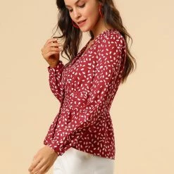 Allegra K Women's Elegant Dots V Neck Long Sleeve Top Button Peplum Blouse