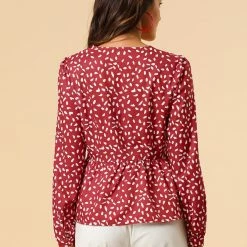 Allegra K Women's Elegant Dots V Neck Long Sleeve Top Button Peplum Blouse