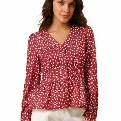 Allegra K Women's Elegant Dots V Neck Long Sleeve Top Button Peplum Blouse