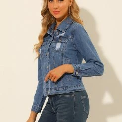 Allegra K Women's Ripped Distressed Cropped Denim Jean Jacket