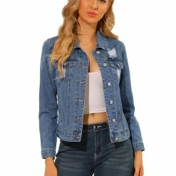 Allegra K Women's Ripped Distressed Cropped Denim Jean Jacket