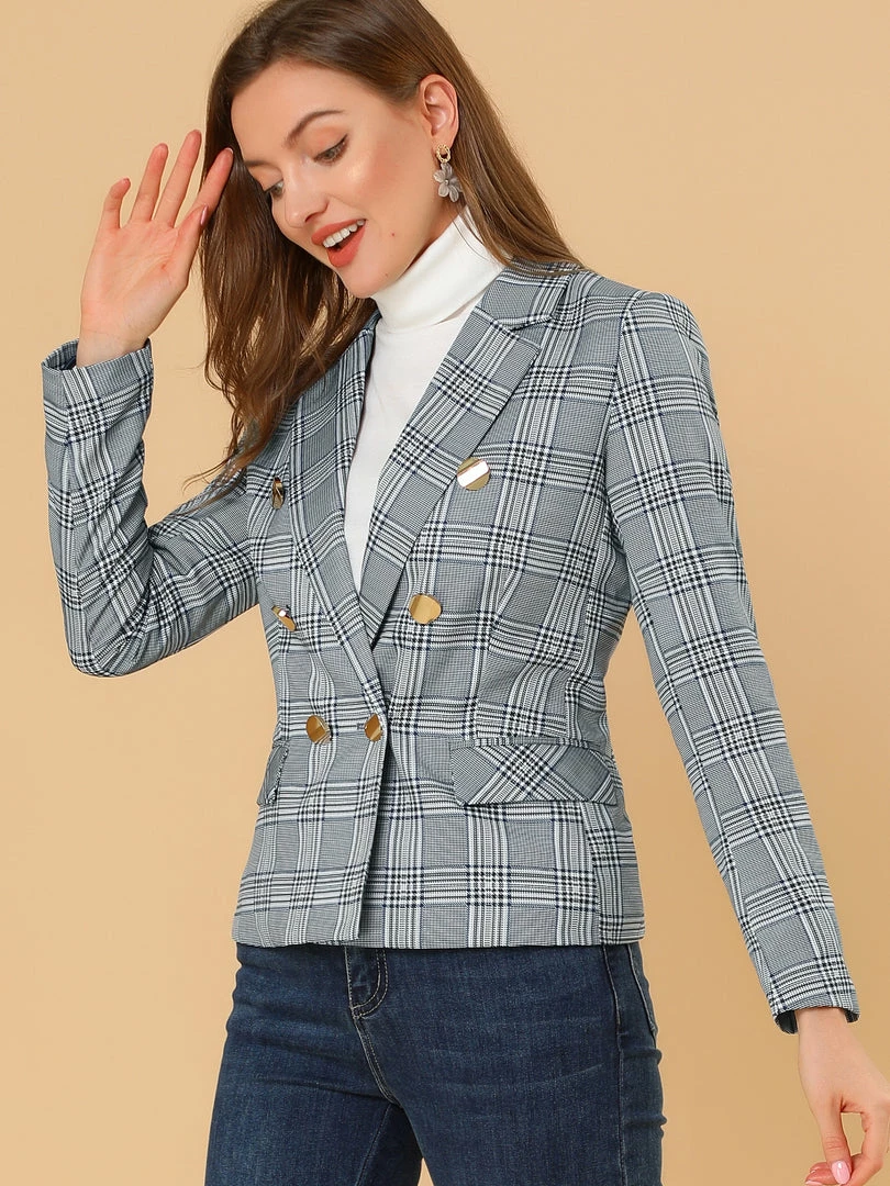 Allegra K Women's Notched Lapel Double Breasted Plaid Formal Blazer Jackets 23 Allegra K Women's Notched Lapel Double Breasted Plaid Formal Blazer Jackets