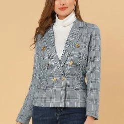 Allegra K Women's Notched Lapel Double Breasted Plaid Formal Blazer Jackets 54 Allegra K Women's Notched Lapel Double Breasted Plaid Formal Blazer Jackets
