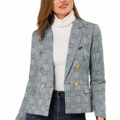 Allegra K Women's Notched Lapel Double Breasted Plaid Formal Blazer Jackets 52 Allegra K Women's Notched Lapel Double Breasted Plaid Formal Blazer Jackets