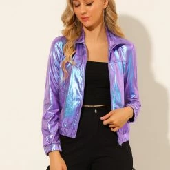 Allegra K Women's Track Jacket Holographic Shiny Long Sleeve Metallic Zip Front Jacket