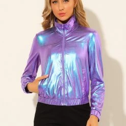 Allegra K Women's Track Jacket Holographic Shiny Long Sleeve Metallic Zip Front Jacket