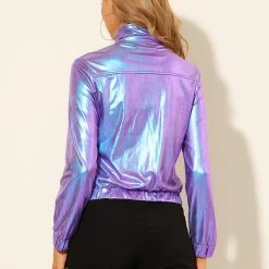 Allegra K Women's Track Jacket Holographic Shiny Long Sleeve Metallic Zip Front Jacket