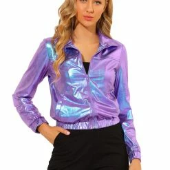 Allegra K Women's Track Jacket Holographic Shiny Long Sleeve Metallic Zip Front Jacket