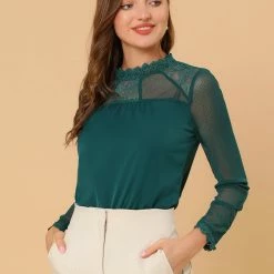 Allegra K Lace Floral Panel Crew Neck Long Sleeves Peasant Blouse Women