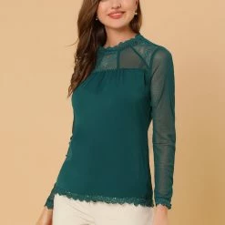 Allegra K Lace Floral Panel Crew Neck Long Sleeves Peasant Blouse Women