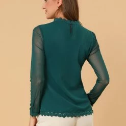 Allegra K Lace Floral Panel Crew Neck Long Sleeves Peasant Blouse Women