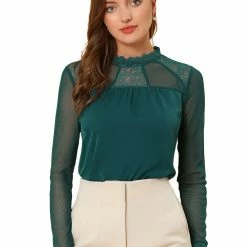 Allegra K Lace Floral Panel Crew Neck Long Sleeves Peasant Blouse Women