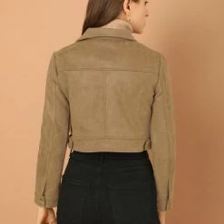 Allegra K Women's Casual Faux Suede Notched Collar Button Up Cropped Jacket With Pockets