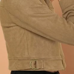 Allegra K Women's Casual Faux Suede Notched Collar Button Up Cropped Jacket With Pockets