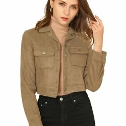 Allegra K Women's Casual Faux Suede Notched Collar Button Up Cropped Jacket With Pockets