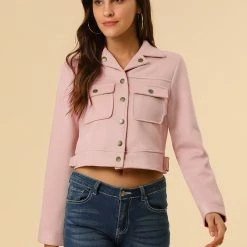 Allegra K Women's Casual Faux Suede Notched Collar Button Up Cropped Jacket With Pockets