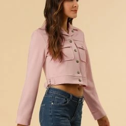Allegra K Women's Casual Faux Suede Notched Collar Button Up Cropped Jacket With Pockets