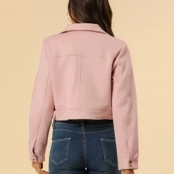 Allegra K Women's Casual Faux Suede Notched Collar Button Up Cropped Jacket With Pockets