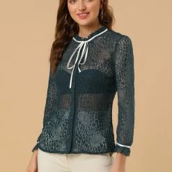 Allegra K Women's Lace Top Floral Semi Sheer Long Sleeve Button Down Office Business Blouse