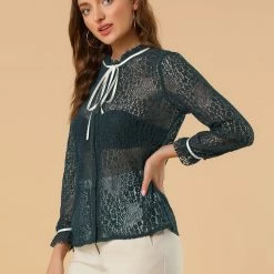 Allegra K Women's Lace Top Floral Semi Sheer Long Sleeve Button Down Office Business Blouse