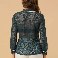 Allegra K Women's Lace Top Floral Semi Sheer Long Sleeve Button Down Office Business Blouse