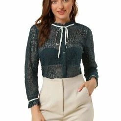 Allegra K Women's Lace Top Floral Semi Sheer Long Sleeve Button Down Office Business Blouse